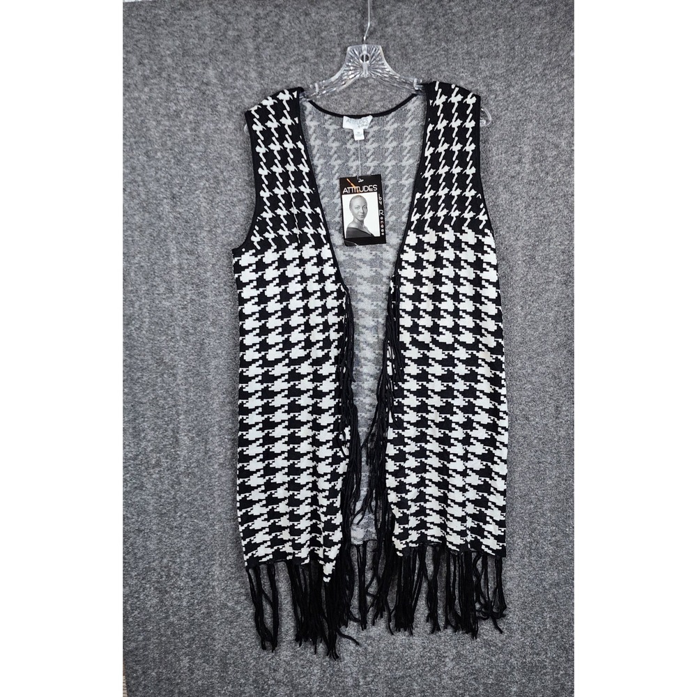 Attitudes by Renee Vest Women M Black White Houndstooth Fringe Open Front NEW